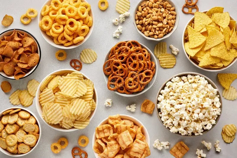 set-many-bowl-different-salty-snacks-chips-popcorn-nuts-nachos-pretzels-light-gray-background-party-food-top-view-332140317